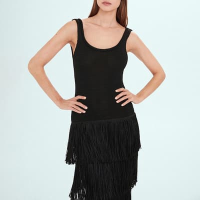 Black Knitted Dress with Fringe Design