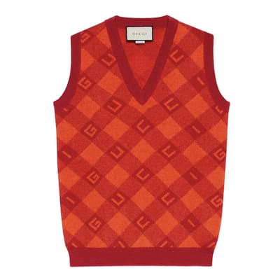 Gucci Red Check Jacquard V-Neck Vest