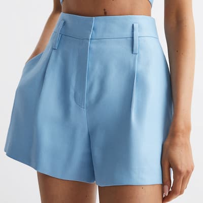 Blue Hollie Pleated Front Linen Blend Shorts
