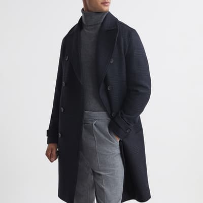 Navy Attention Check Wool Blend Coat