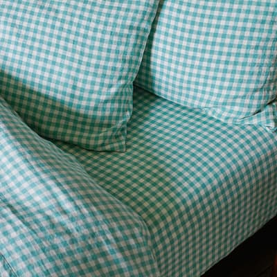 Pistachio Gingham Single Linen Fitted Sheet