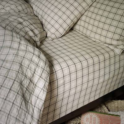 Natural Check Single Linen Fitted Sheet