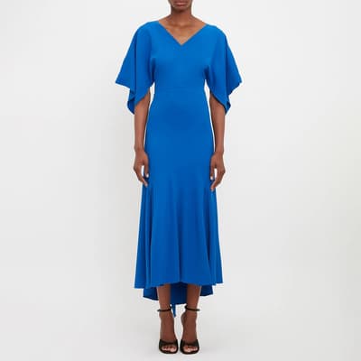 Blue V-Neck Bias Godet Dress