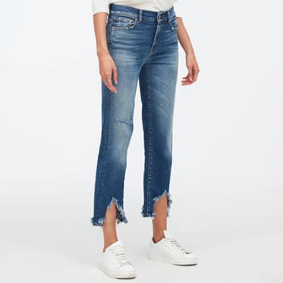Mid Blue Cropped Straight Stretch Jeans