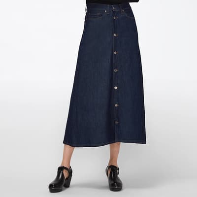 Dark Blue Nora Cotton Blend Midi Skirt