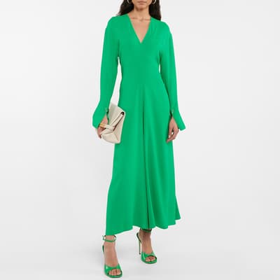 Green V Neck Fit And Flare Dress