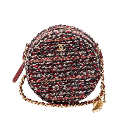 Red & Navy CC Tweed Round Chain Acorn Charm Shoulder Bag