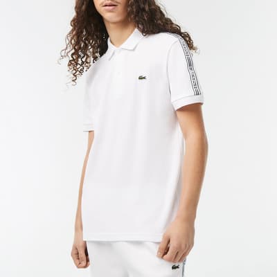 White Logo Stripe Cotton Blend Polo Shirt