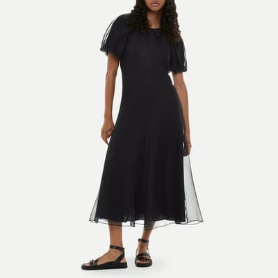 Black Organza Silk Puff Sleeve Dress