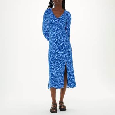 Blue Micro Cactus Print Midi Dress