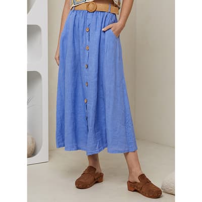 Pale Blue Button Linen Midi Skirt
