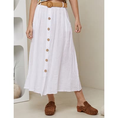 White Button Linen Midi Skirt
