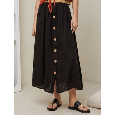 Black Button Linen Midi Skirt