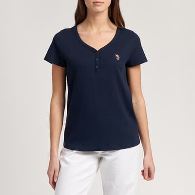 Navy Ribbed Y-Neck Cotton Blend T-Shirt