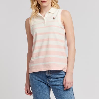 Cream Stripe Sleeveless Cotton Blend Polo Shirt