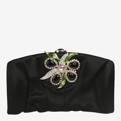 Black Bejewelled Floral Satin Clutch Bag
