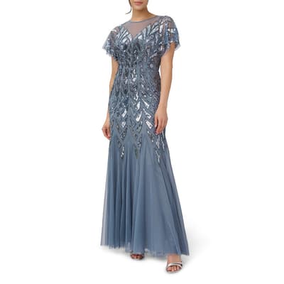 Grey Beaded Illusion Long Gown