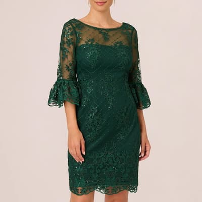 Green Embroidered Bell Sleeve Dress
