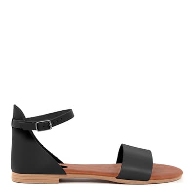 Black Leather Ankle Buckle Flat Sandals