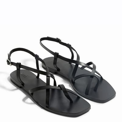 Black Mila Minimal Leather Flat Sandals