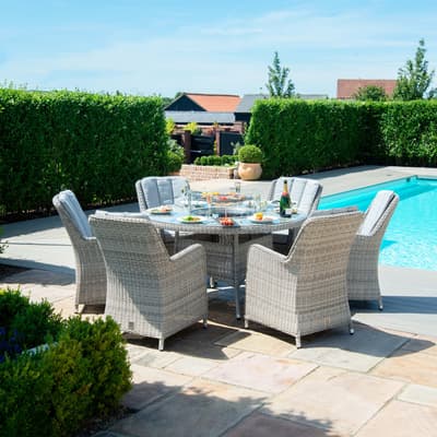 SAVE £550 - Oxford 6 Seat Round Fire Pit Dining Set with Venice Chairs and Lazy Susan
