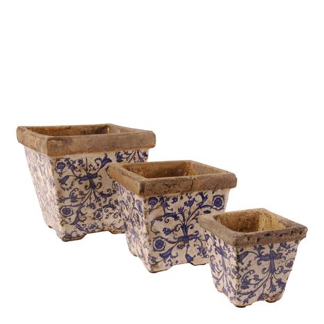 Set Of 3 Ceramic Square Flowerpots, Cream/Blue