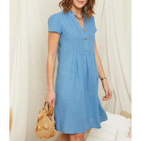 Indigo Button Linen Mini Dress