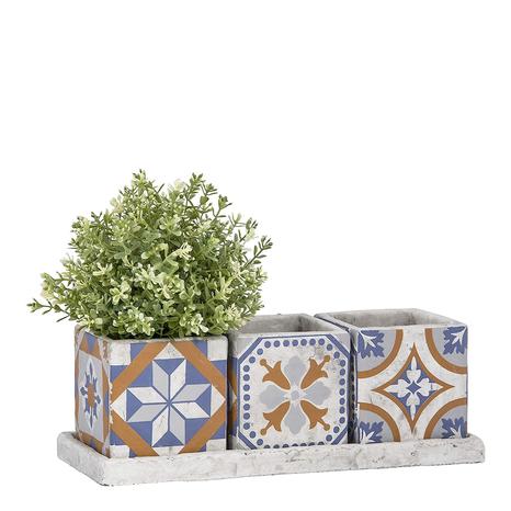 Set Of 3 Portuguese Tiled Pots On Tray