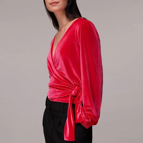 Pink Velvet V Neck Wrap Top