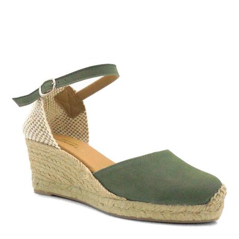 Khaki Suede Closed Toe Espadrilled Wedges