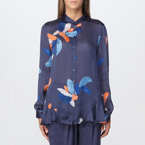Navy Frill Silk Blouse
