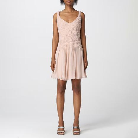 Nude Pleated Silk Mini Dress