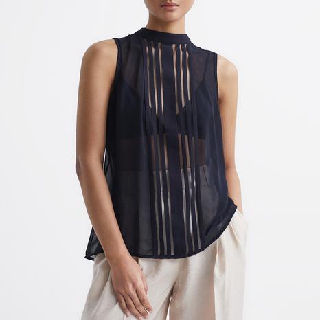 Navy Emery Sheer Stripe Panel Blouse