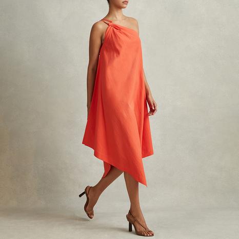 Orange Jeanne One Shoulder Linen Blend Dress