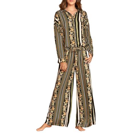 Black Pinstripe Flower Shay Long Pyjama Set