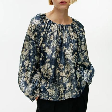 Blue Print Gathered Blouse