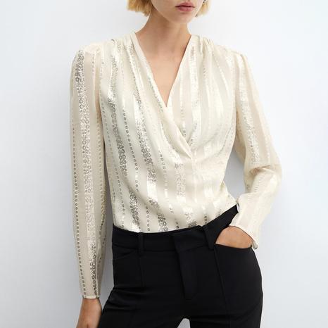 Champagne Metallic V-Neck Blouse