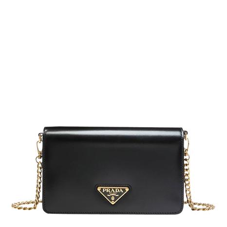 Black Prada Triangle Logo Vitello Chain Shoulder Bag