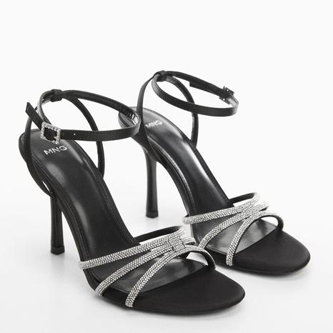 Black Heeled Rhinestone Strappy Sandals