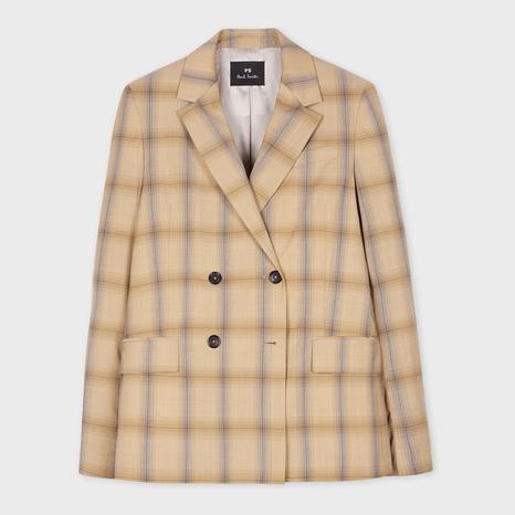Beige Check Tailored Wool Blend Blazer