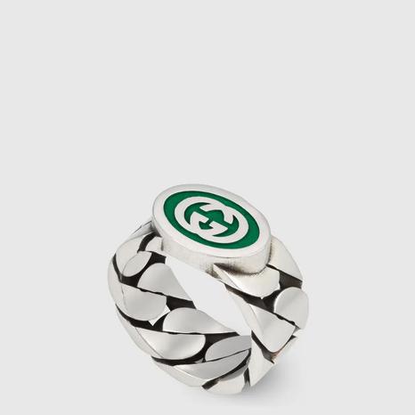 925 Sterling Silver Green Interlocking G Enamel Ring