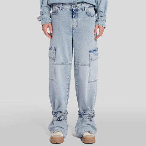 Light Blue Belted Cargo Denim Pants