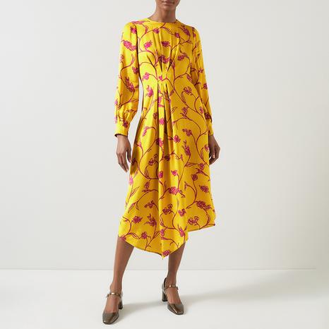 Yellow/Fuschia Printed Gathered Midi Dress