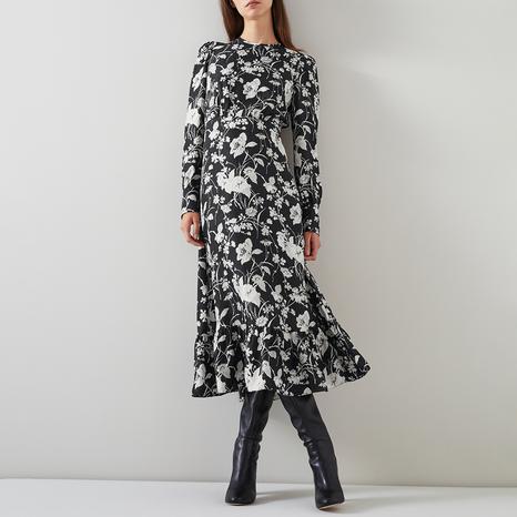 Black/White Printed Silk Blend Midi Dress
