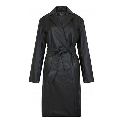 Black Wrap Front Belted Leather Coat