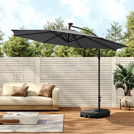 Outdoor 32 LED Lighted Patio Umbrella with Crank Lift System with Base - Grey