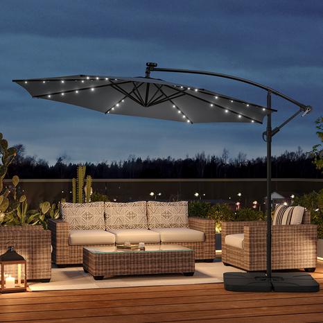 Outdoor 32 LED Lighted Patio Umbrella with Crank Lift System, 2 Bases Set