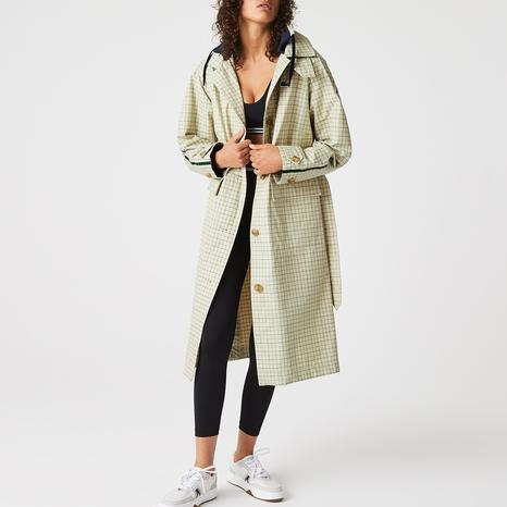 Beige Checked Cotton Blend Trench Coat