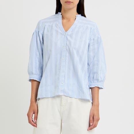 Blue 3/4 Stripe Notch Neck Blouse
