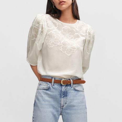 Off White Floral Embroidered Blouse